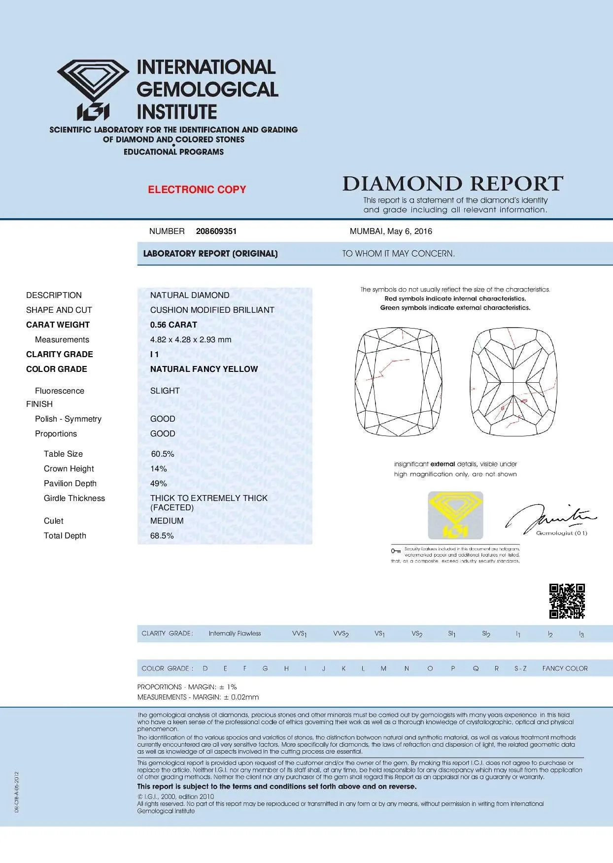 0.56 CT IGI Certified Natural Loose Modified Cushion Cut Diamond 4.80 MM Natural Fancy Yellow Color Cushion Brilliant Cut Diamon