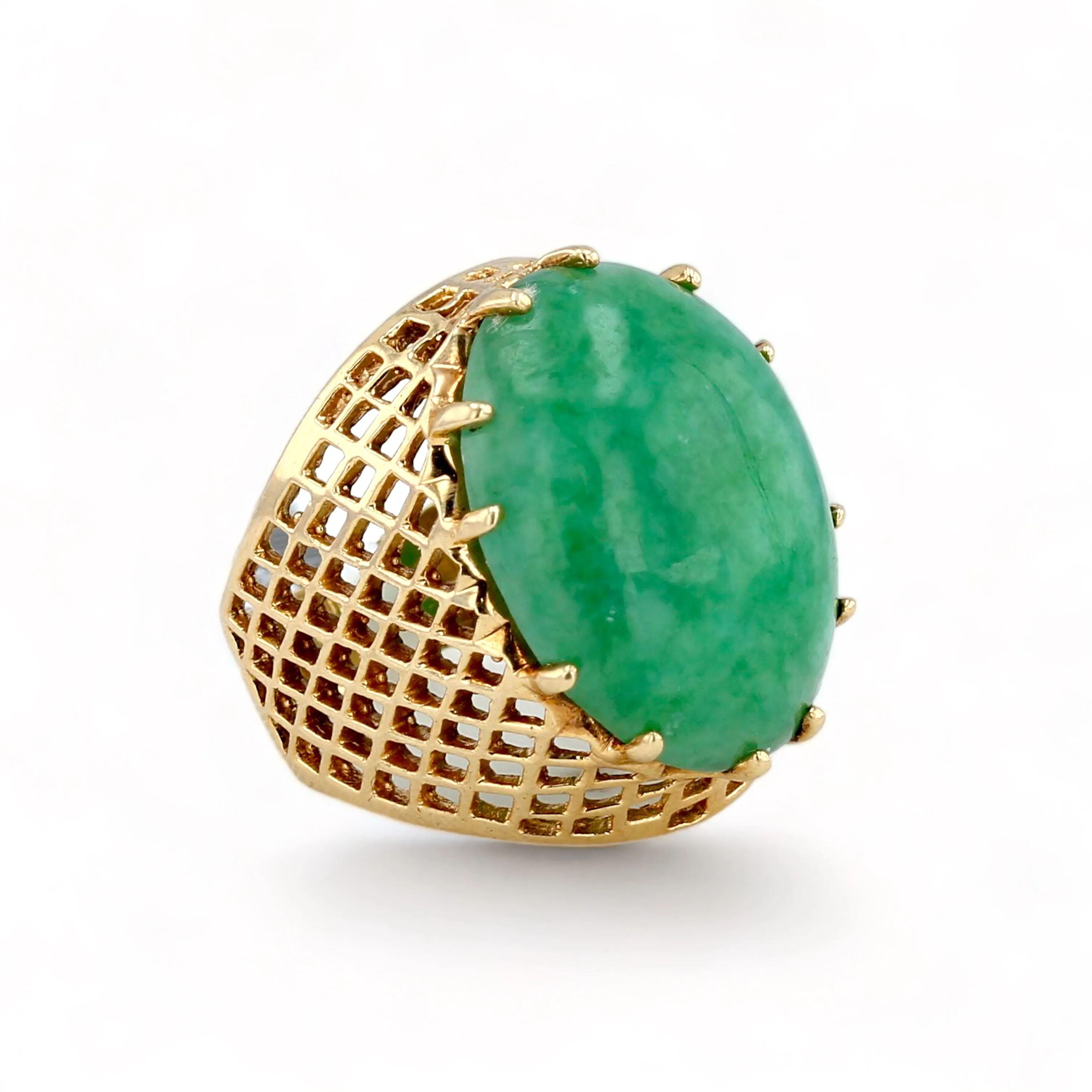 10K Yellow gold oval mesh rare green aventurine dome ring-31366