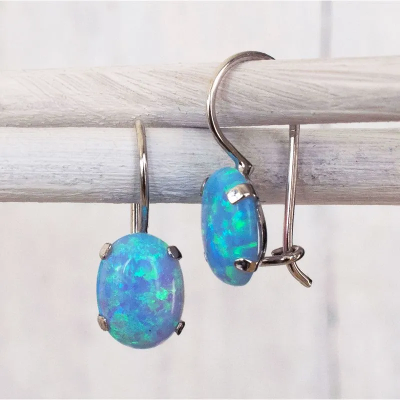 14K White Gold Oval Blue Opal 6X8mm Dangle Earrings