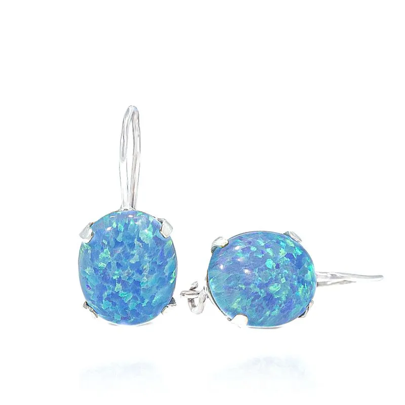 14K White Gold Oval Blue Opal 6X8mm Dangle Earrings