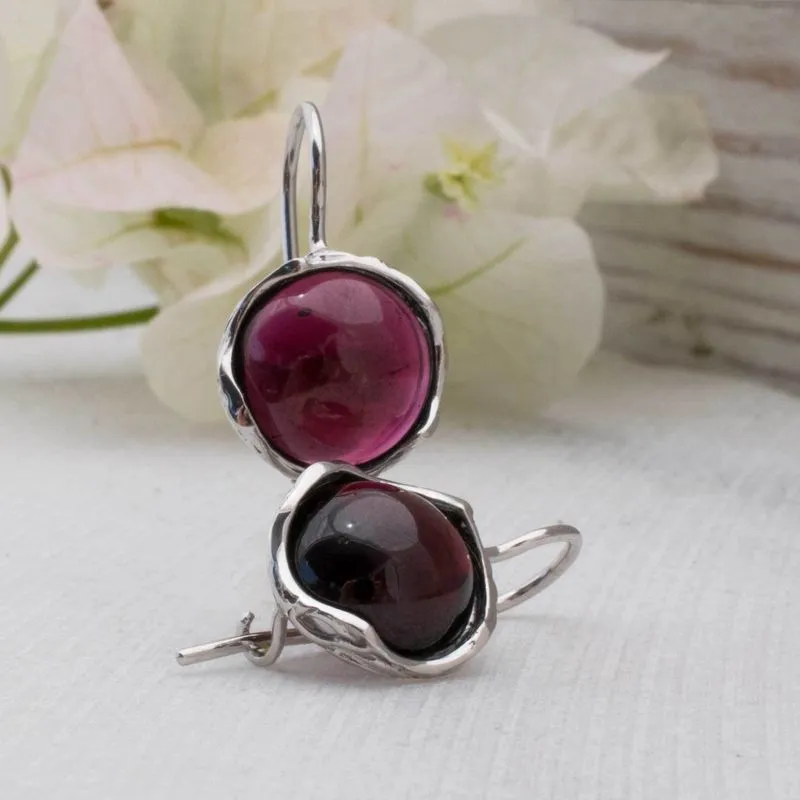 14K White Gold Round Red Garnet 12mm Dangle Earrings