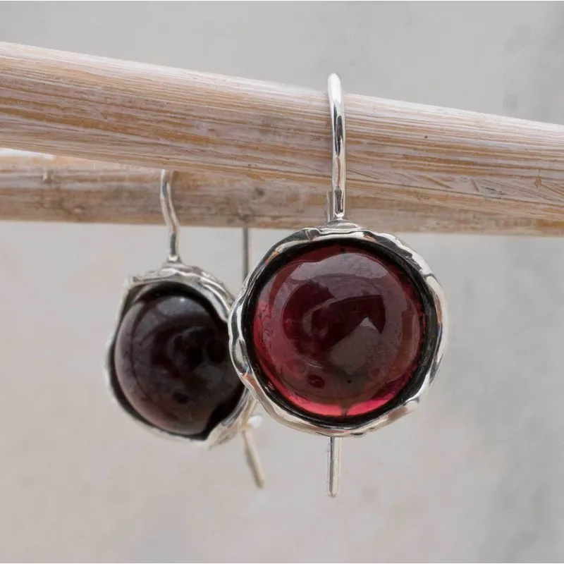 14K White Gold Round Red Garnet 12mm Dangle Earrings