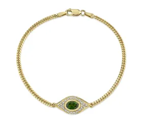 14K YELLOW GOLD DIAMOND OVAL GREEN TOURMALINE EVIL EYE Anklet