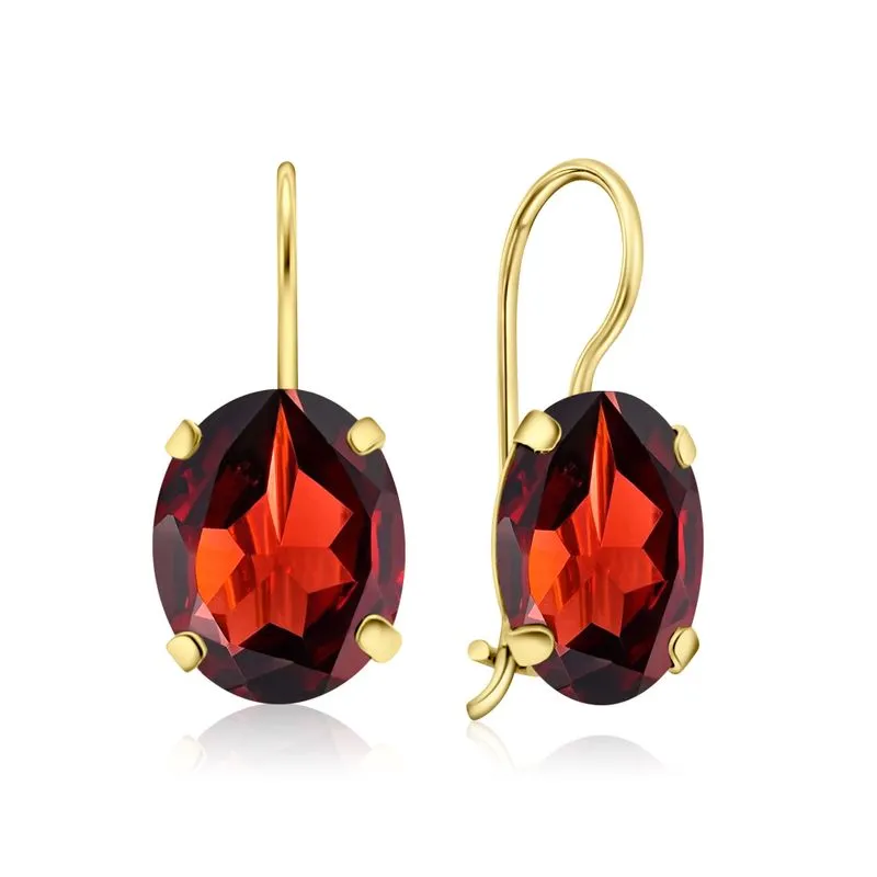 14K Yellow Gold Oval Red Garnet 6X8mm Dangle Earrings