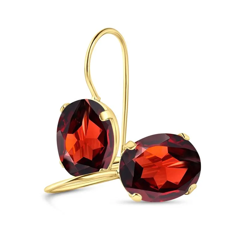 14K Yellow Gold Oval Red Garnet 6X8mm Dangle Earrings