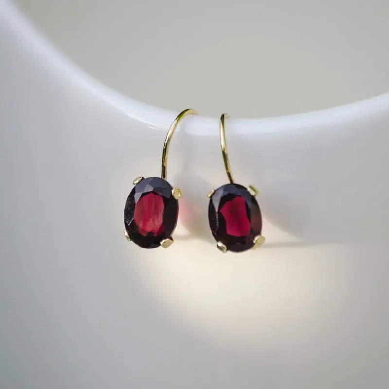 14K Yellow Gold Oval Red Garnet 6X8mm Dangle Earrings