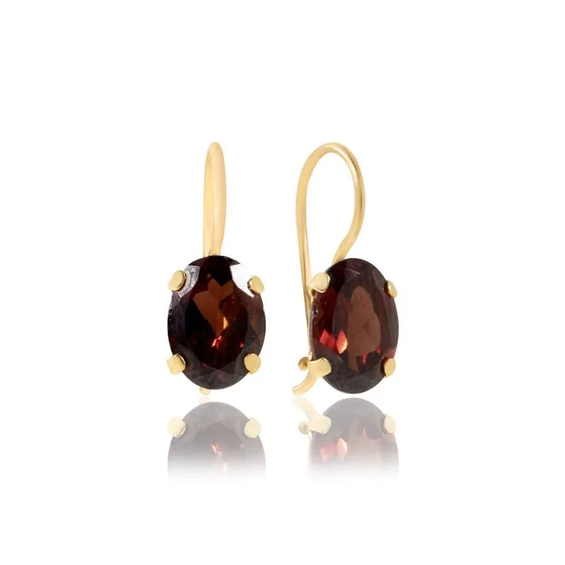 14K Yellow Gold Oval Red Garnet 6X8mm Dangle Earrings