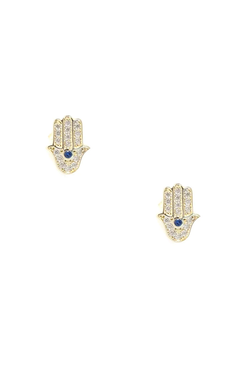 14k Yellow Gold Pavé Crystal Hamsa Studs Blue