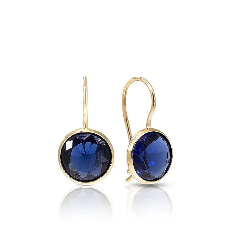 14K Yellow Gold Round Blue Cubic Zirconia 8mm Dangle Earrings