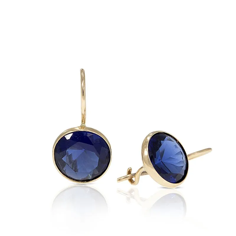 14K Yellow Gold Round Blue Cubic Zirconia 8mm Dangle Earrings