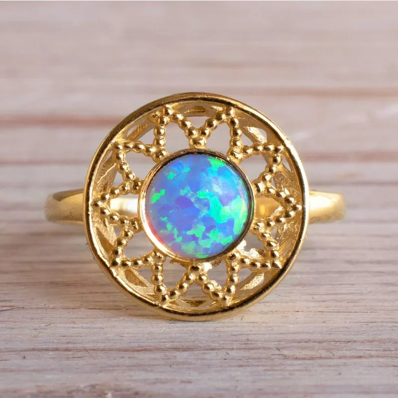 14K Yellow Gold Round Blue Opal 6mm Ring