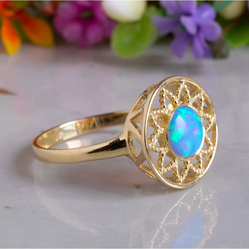 14K Yellow Gold Round Blue Opal 6mm Ring