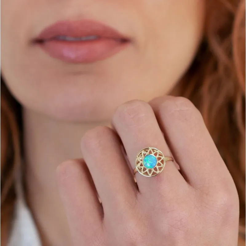 14K Yellow Gold Round Blue Opal 6mm Ring