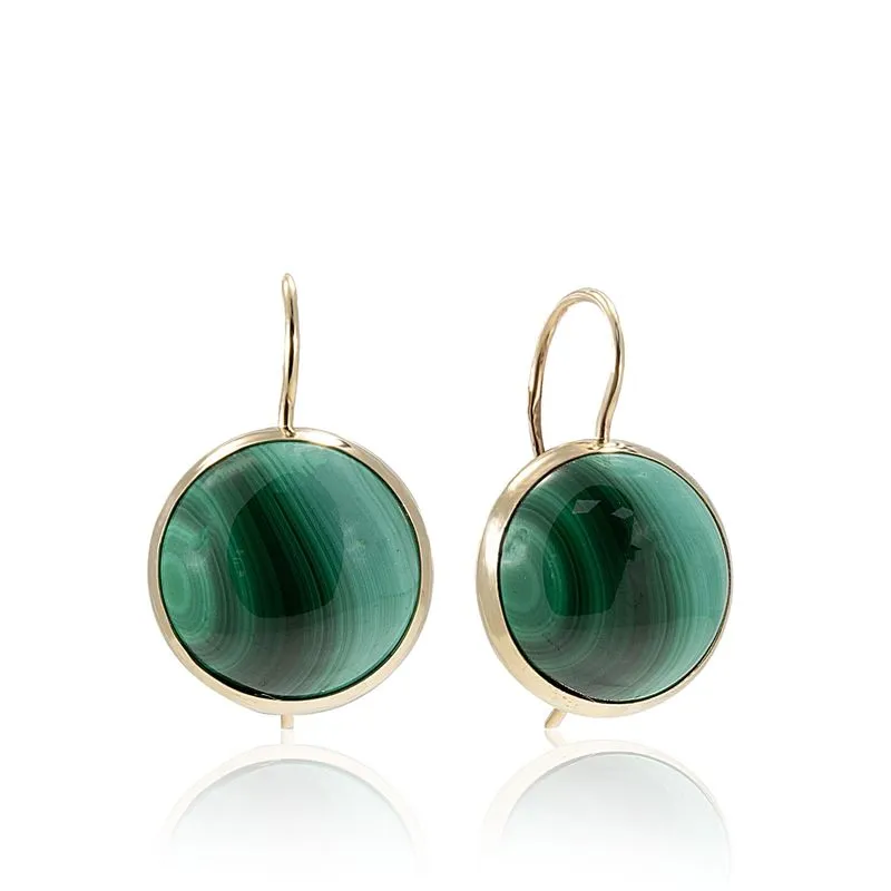 14K Yellow Gold Round Green Malachite 12mm Dangle Earrings