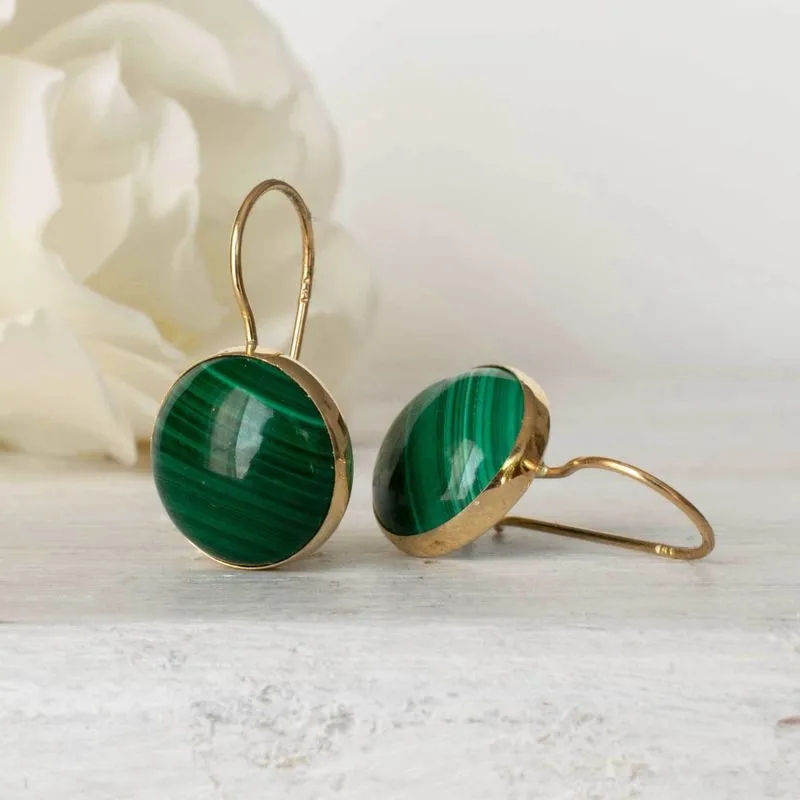 14K Yellow Gold Round Green Malachite 12mm Dangle Earrings