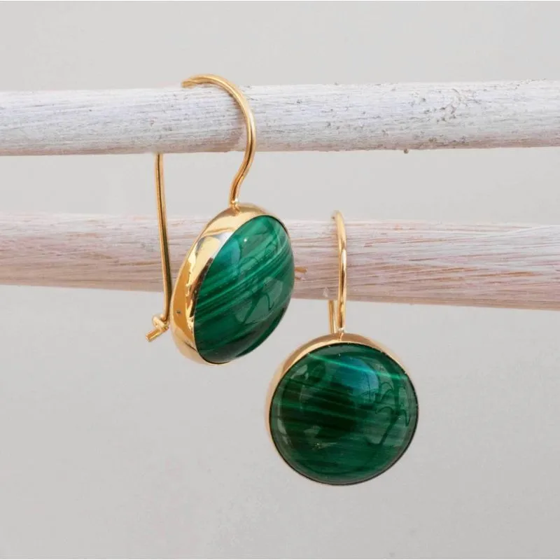 14K Yellow Gold Round Green Malachite 12mm Dangle Earrings