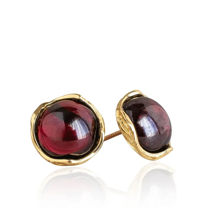 14K Yellow Gold Round Red Garnet 12mm Stud Earrings