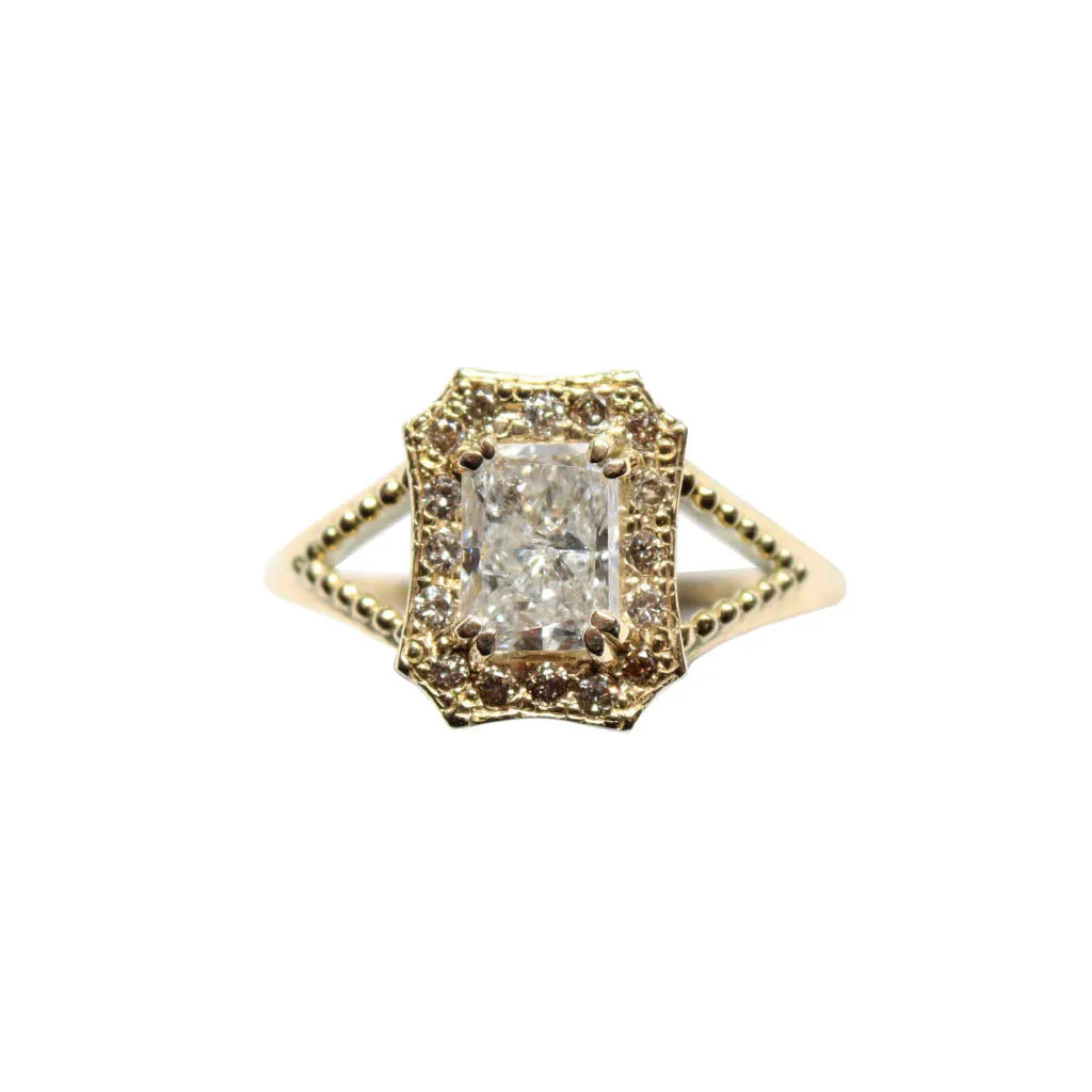 18 Karat Yellow Gold Emerald Halo Diamond Ring