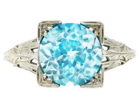 1930's Art Deco 3.93 CTW Blue Zircon 18 Karat White Gold Engagement Ring