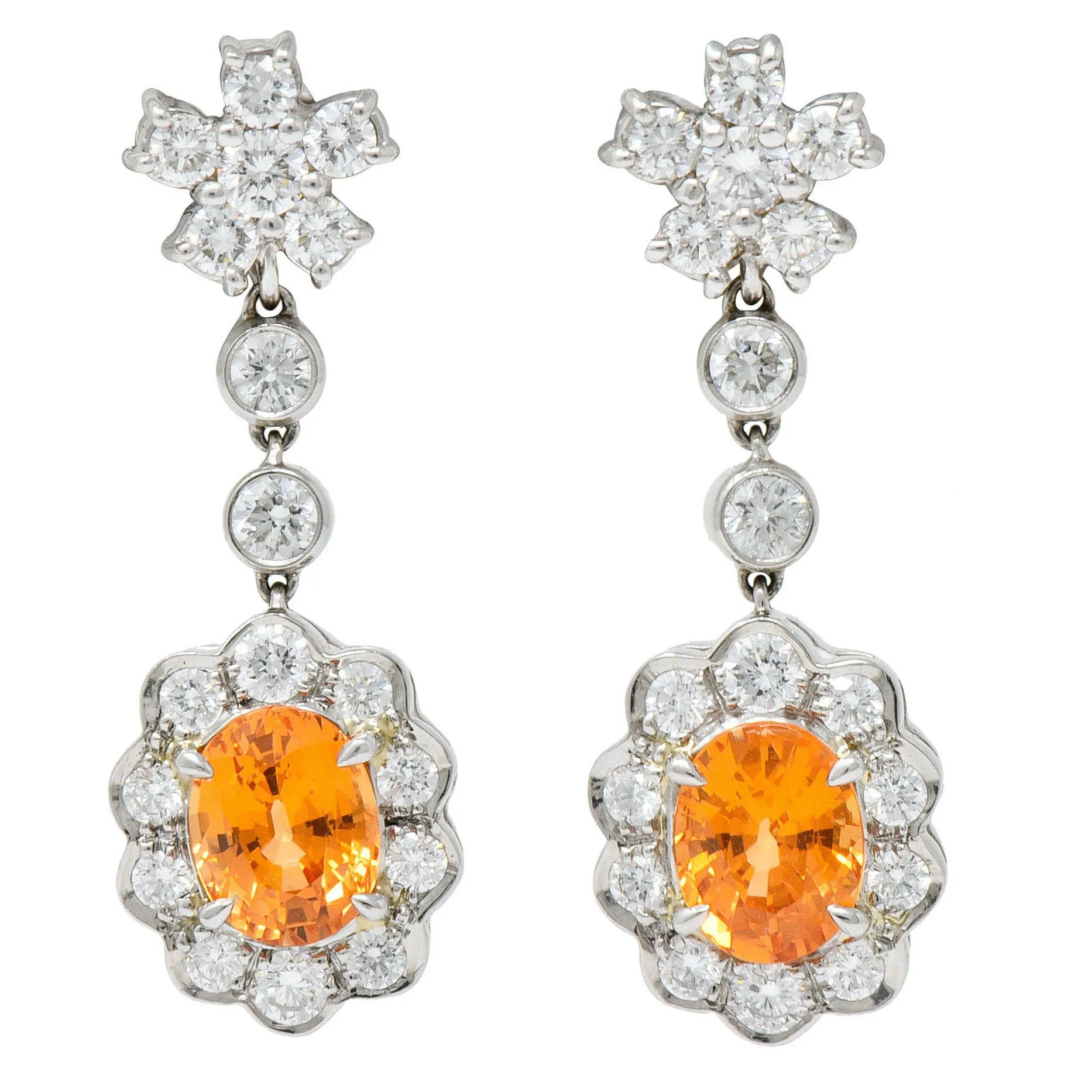 4.50 CTW Orange Sapphire Diamond 18 Karat White Gold Convertible Cluster Drop Earrings