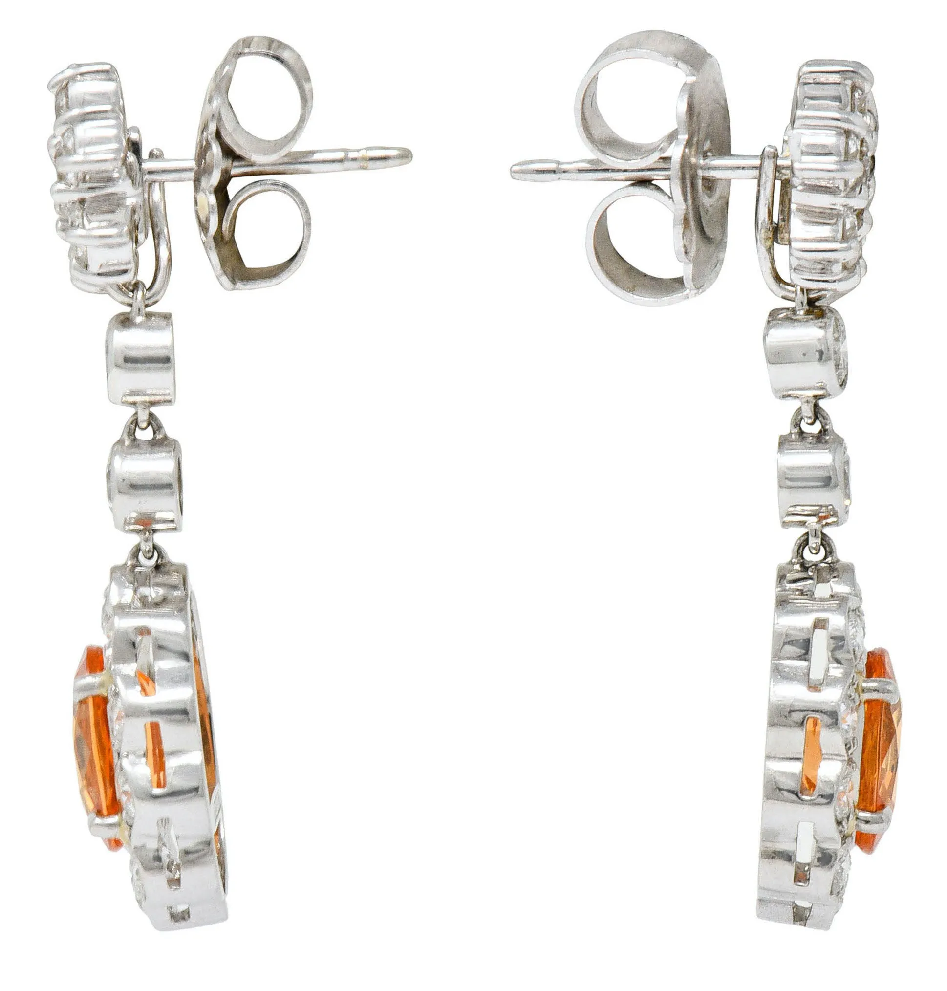 4.50 CTW Orange Sapphire Diamond 18 Karat White Gold Convertible Cluster Drop Earrings