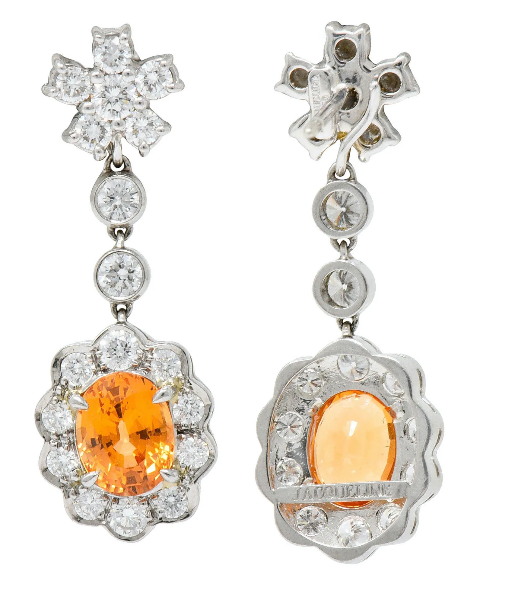 4.50 CTW Orange Sapphire Diamond 18 Karat White Gold Convertible Cluster Drop Earrings