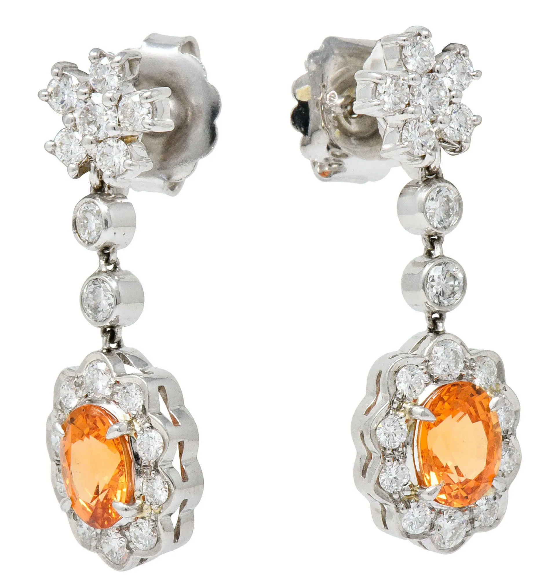 4.50 CTW Orange Sapphire Diamond 18 Karat White Gold Convertible Cluster Drop Earrings