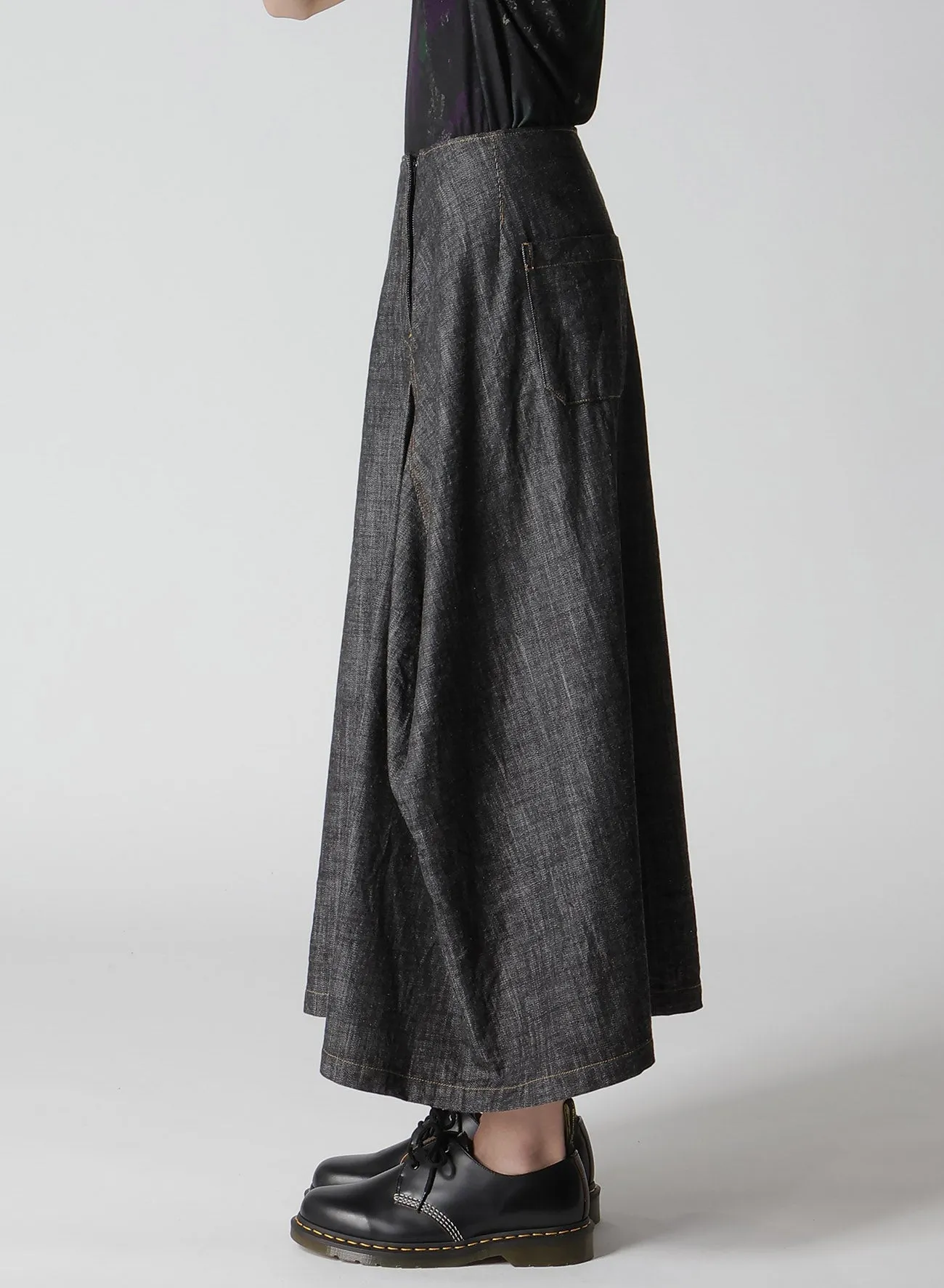 8OZ DENIM PANEL TUCKED FLARE SKIRT