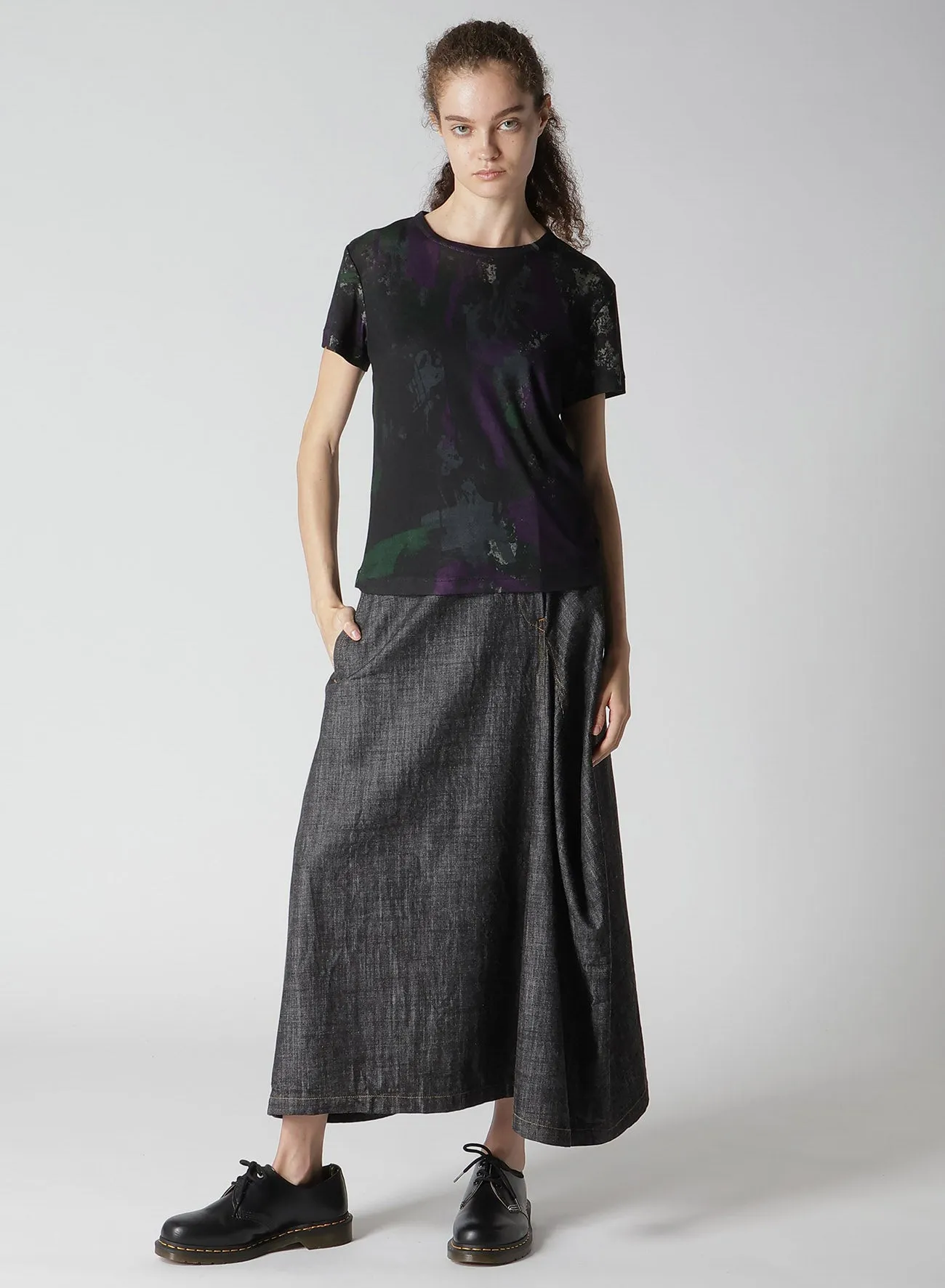 8OZ DENIM PANEL TUCKED FLARE SKIRT