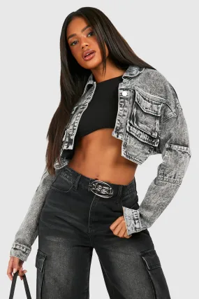 Acid Wash Cargo Pocket Crop Denim Jacket