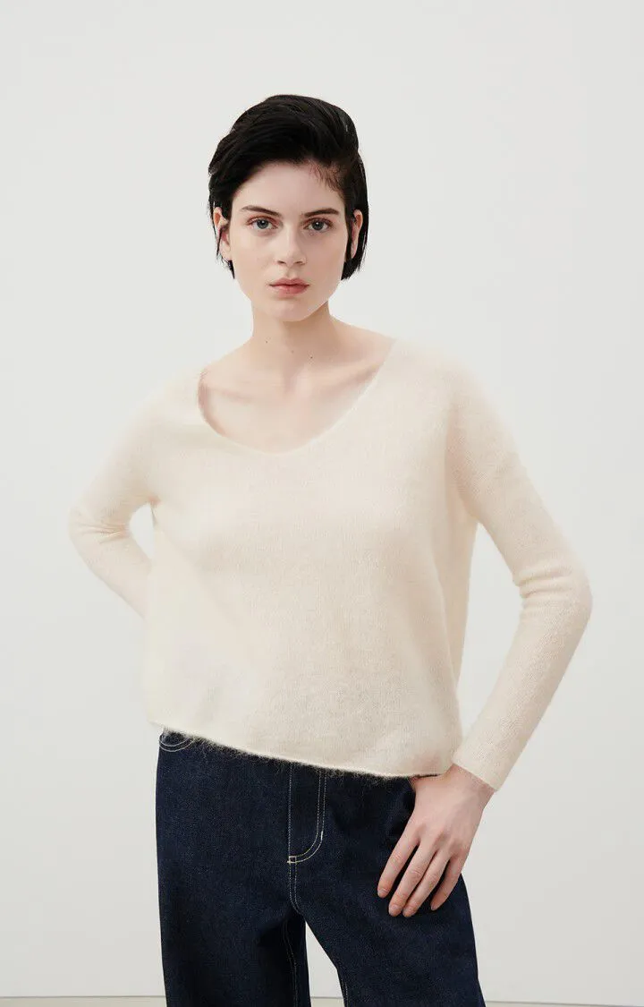 American Vintage TYJI Wool Blend V-Neck Sweater in Mother of Pearl 