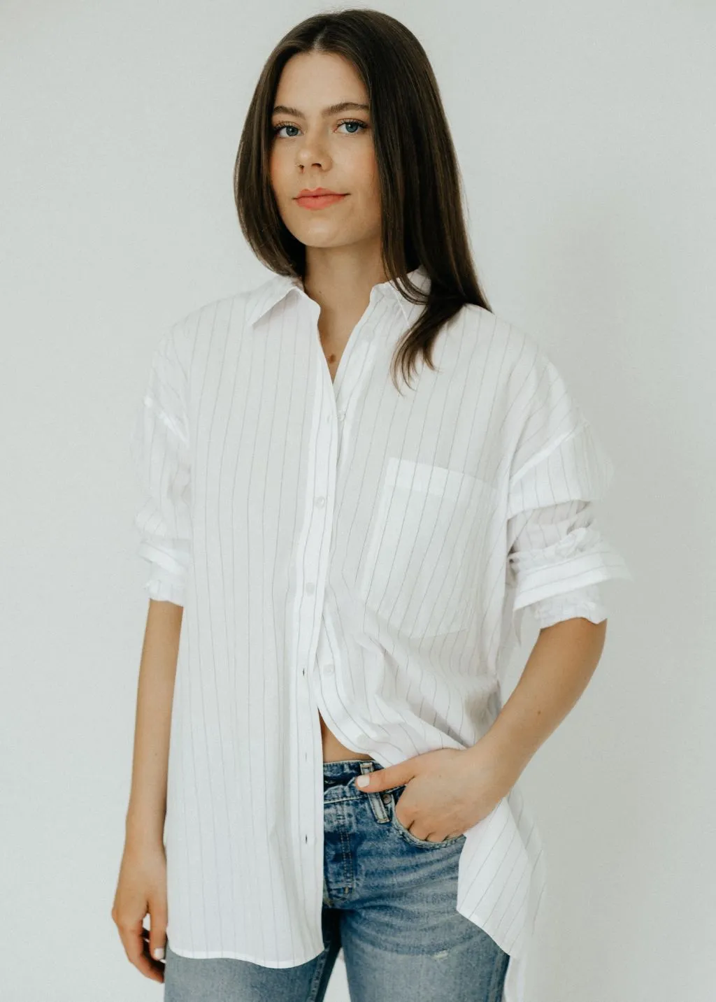 Anine Bing Chrissy Shirt in White and Taupe Stripe