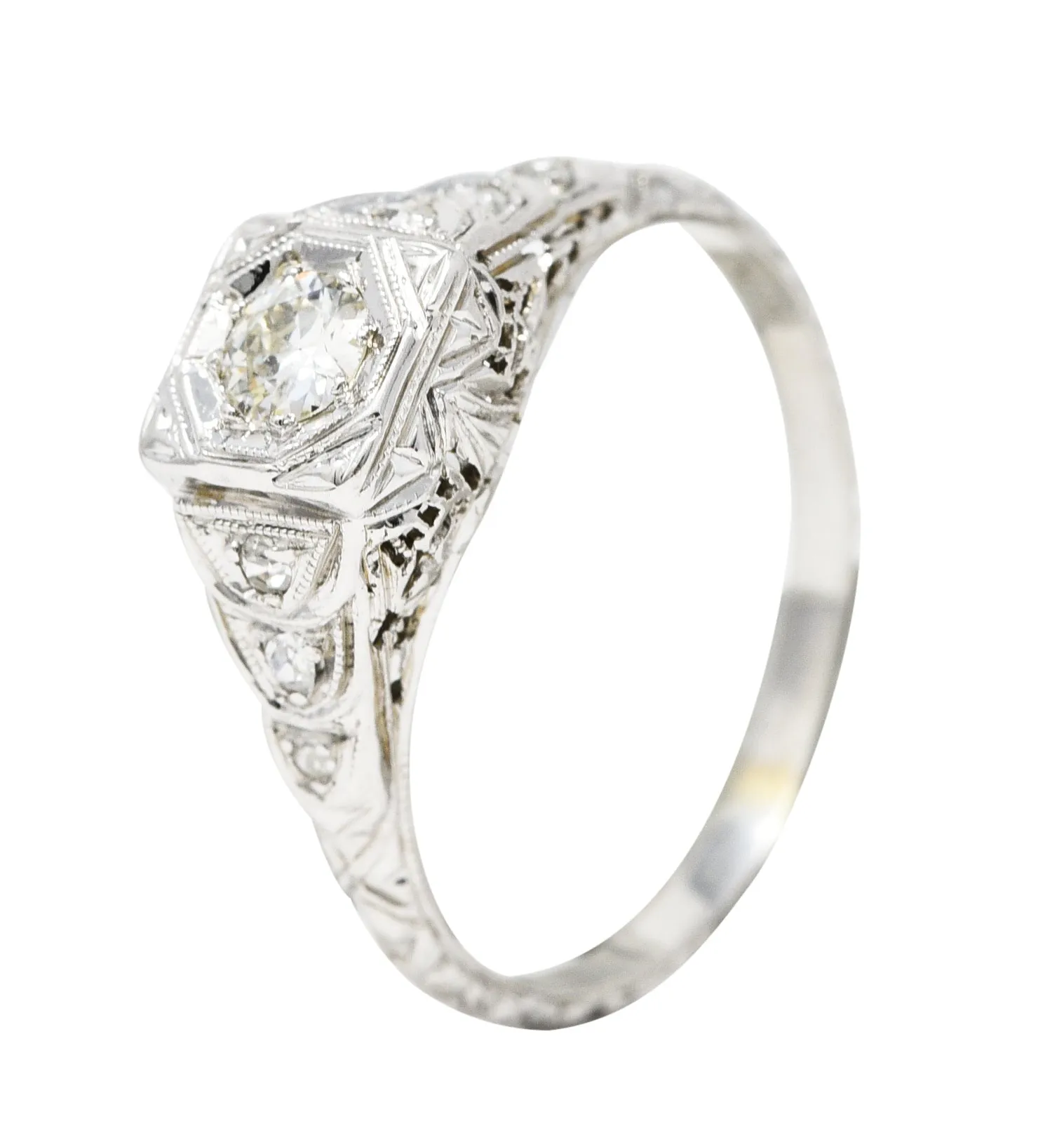 Art Deco 0.26 CTW Old European Cut Diamond 18 Karat White Gold Stepped Orange Blossom Engagement Ring