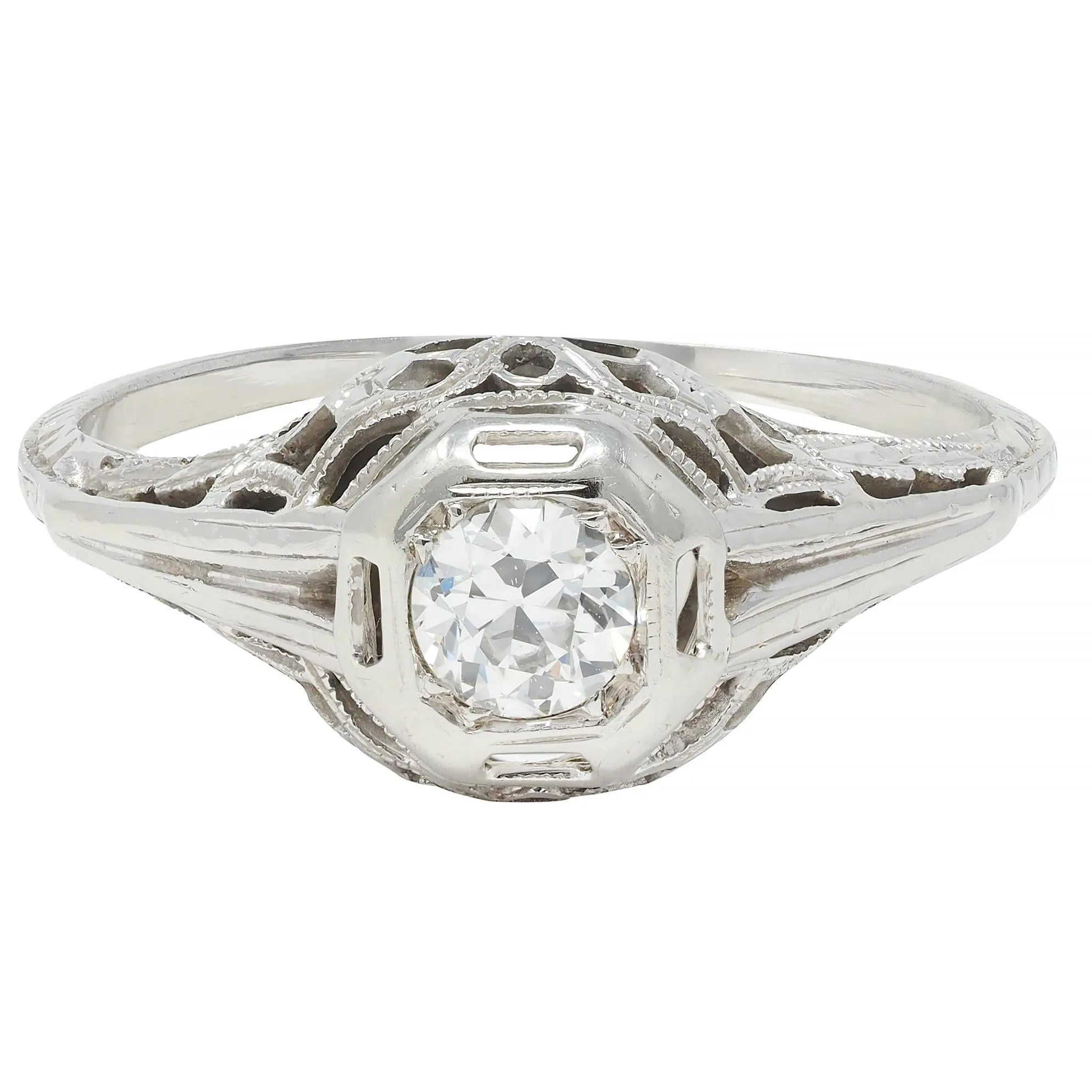 Art Deco 0.30 CTW Old European Diamond 18 Karat White Gold Orange Blossom Engagement Ring