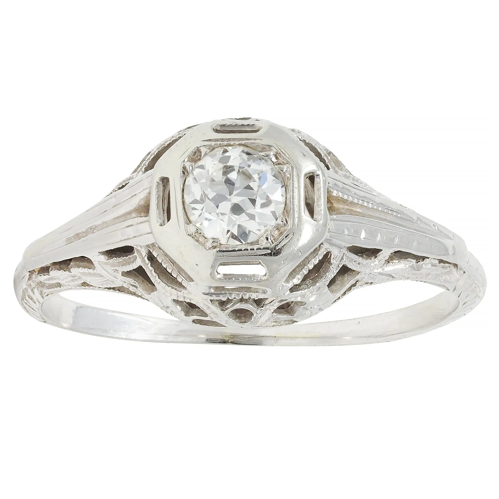 Art Deco 0.30 CTW Old European Diamond 18 Karat White Gold Orange Blossom Engagement Ring