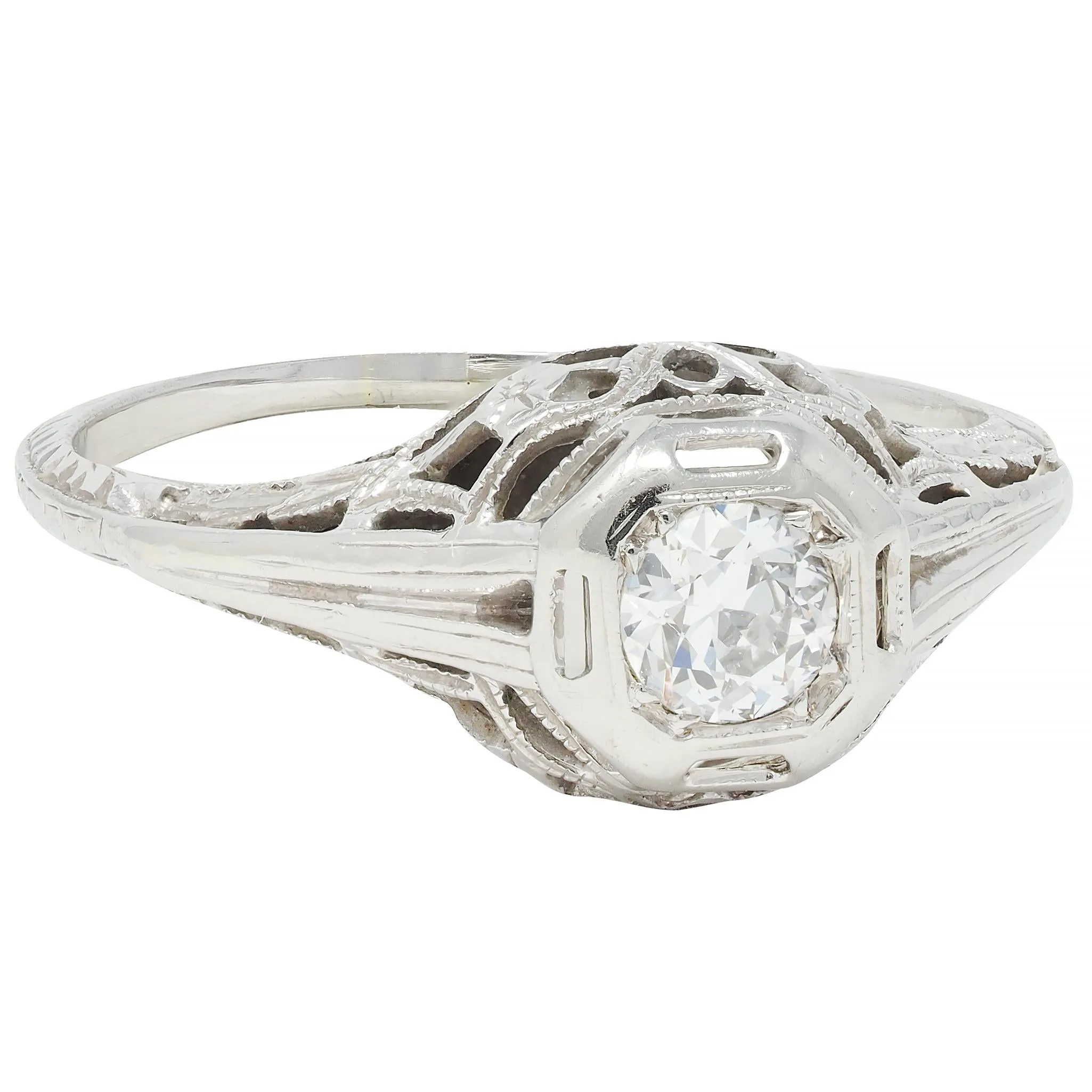 Art Deco 0.30 CTW Old European Diamond 18 Karat White Gold Orange Blossom Engagement Ring