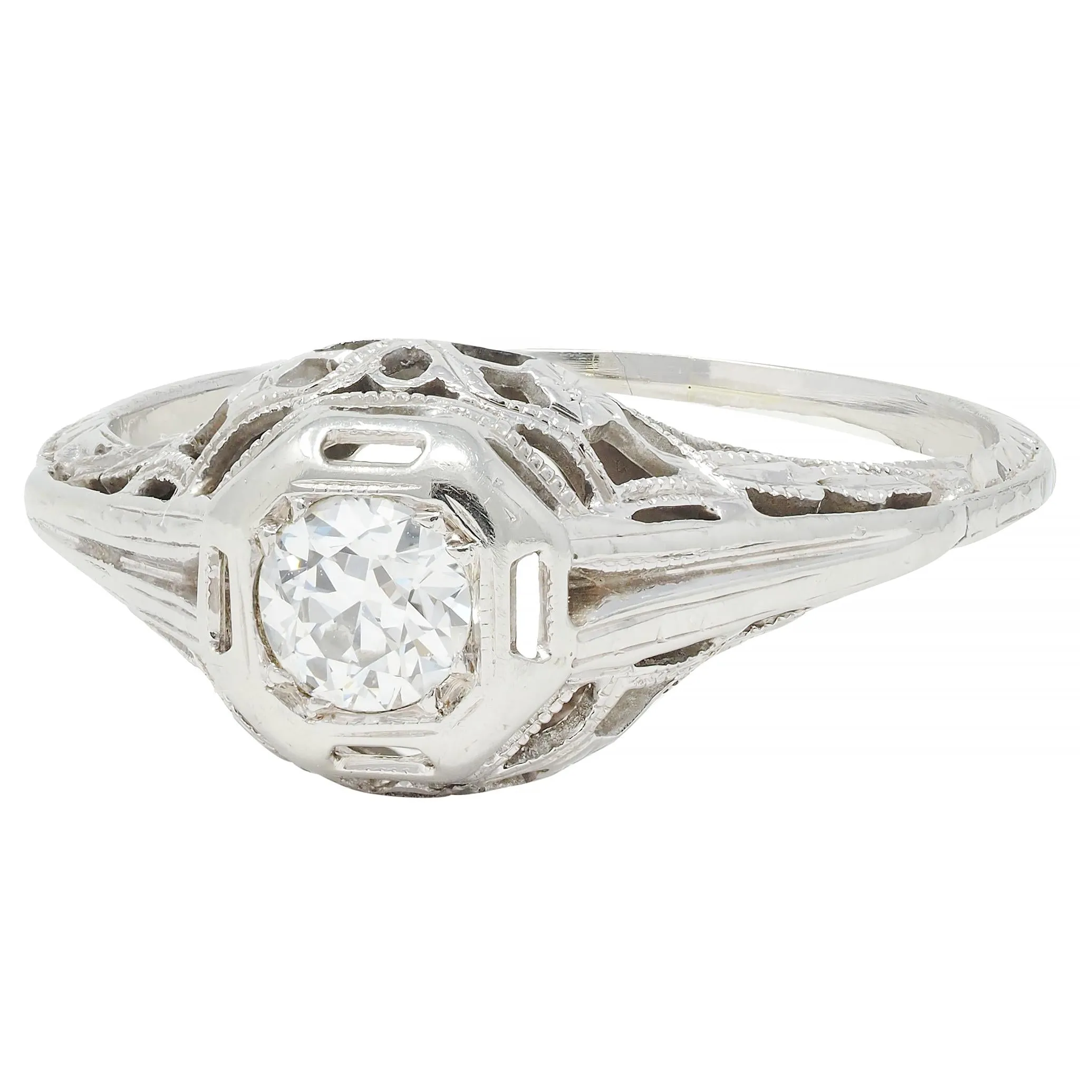 Art Deco 0.30 CTW Old European Diamond 18 Karat White Gold Orange Blossom Engagement Ring