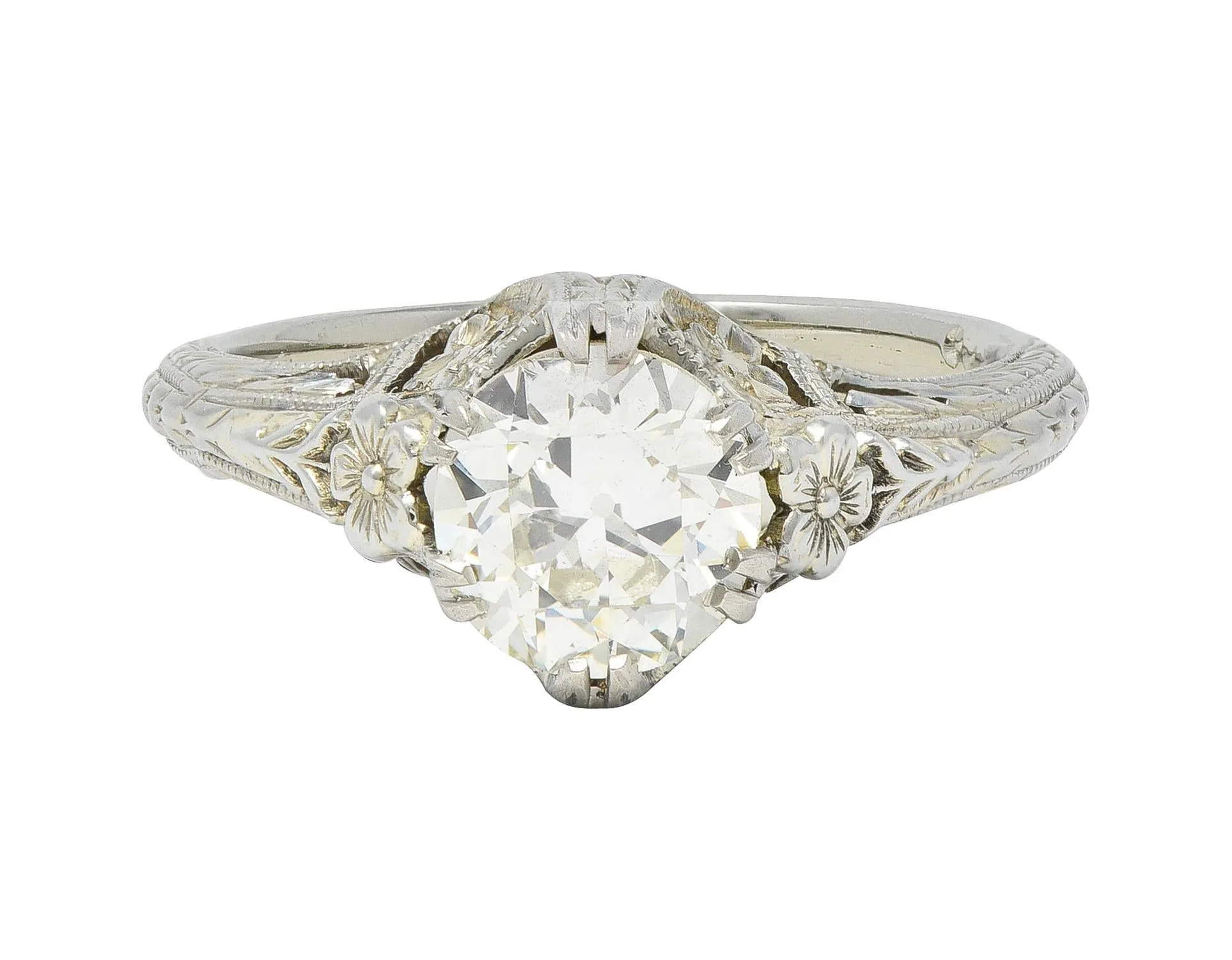 Art Deco 1.31 CTW Old European 18 Karat White Gold Orange Blossom Antique Engagement Ring GIA