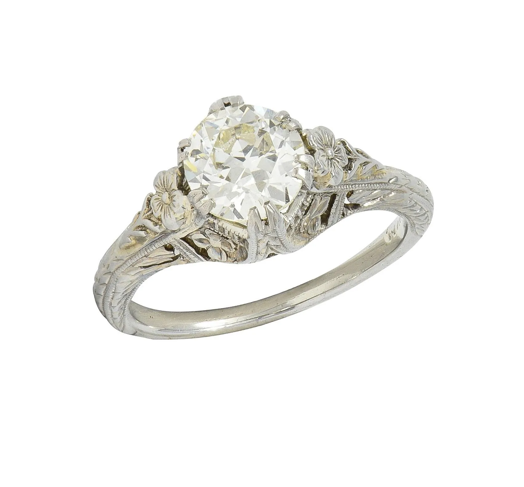 Art Deco 1.31 CTW Old European 18 Karat White Gold Orange Blossom Antique Engagement Ring GIA