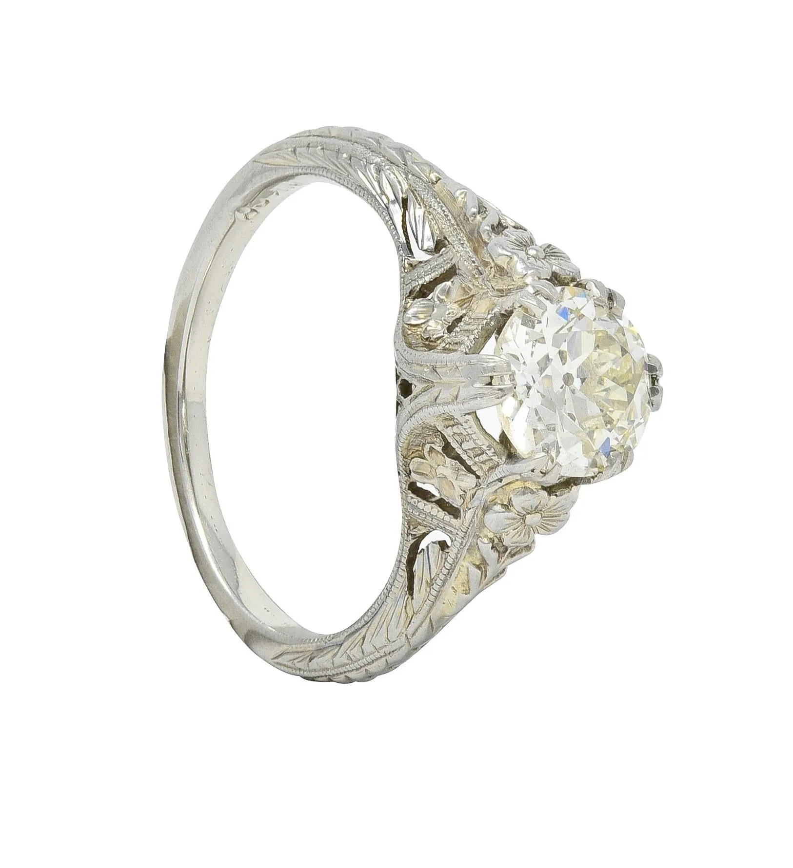 Art Deco 1.31 CTW Old European 18 Karat White Gold Orange Blossom Antique Engagement Ring GIA