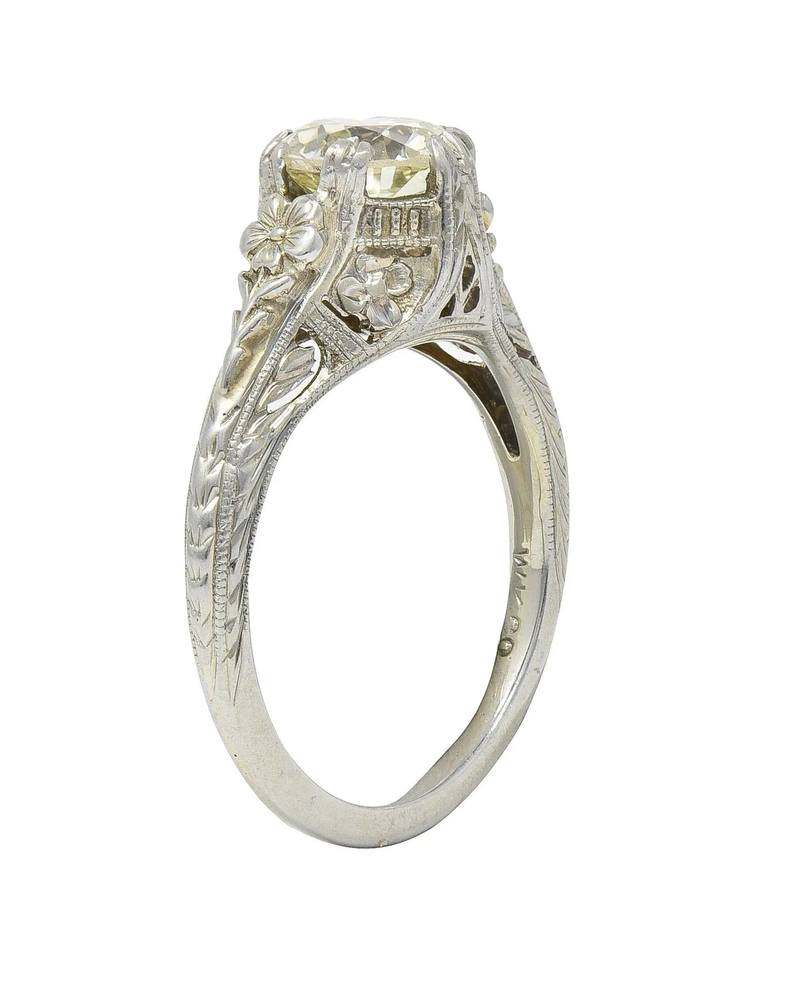 Art Deco 1.31 CTW Old European 18 Karat White Gold Orange Blossom Antique Engagement Ring GIA