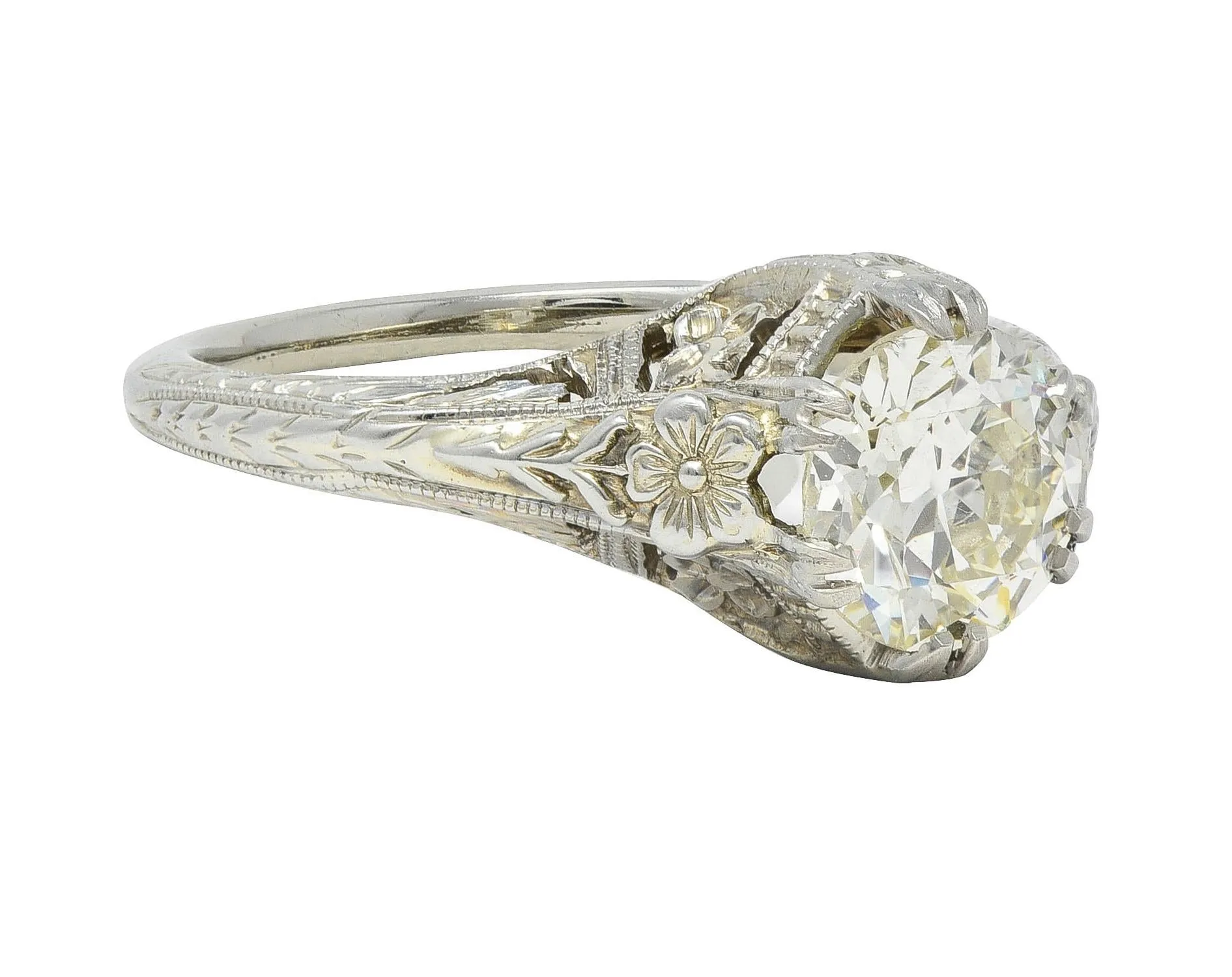 Art Deco 1.31 CTW Old European 18 Karat White Gold Orange Blossom Antique Engagement Ring GIA