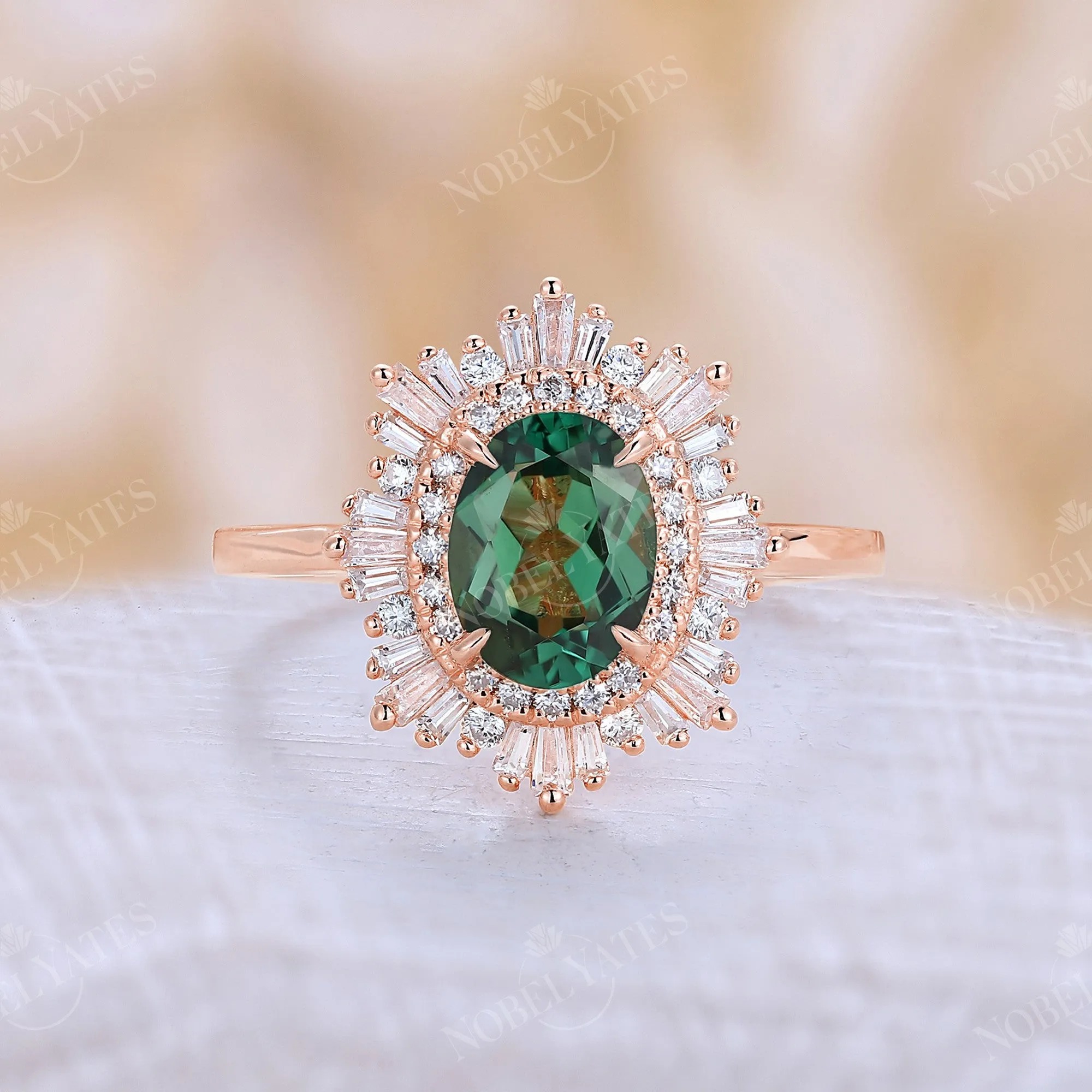 Art deco Oval Lab Green Sapphire Halo Starburst Engagement Ring Rose Gold