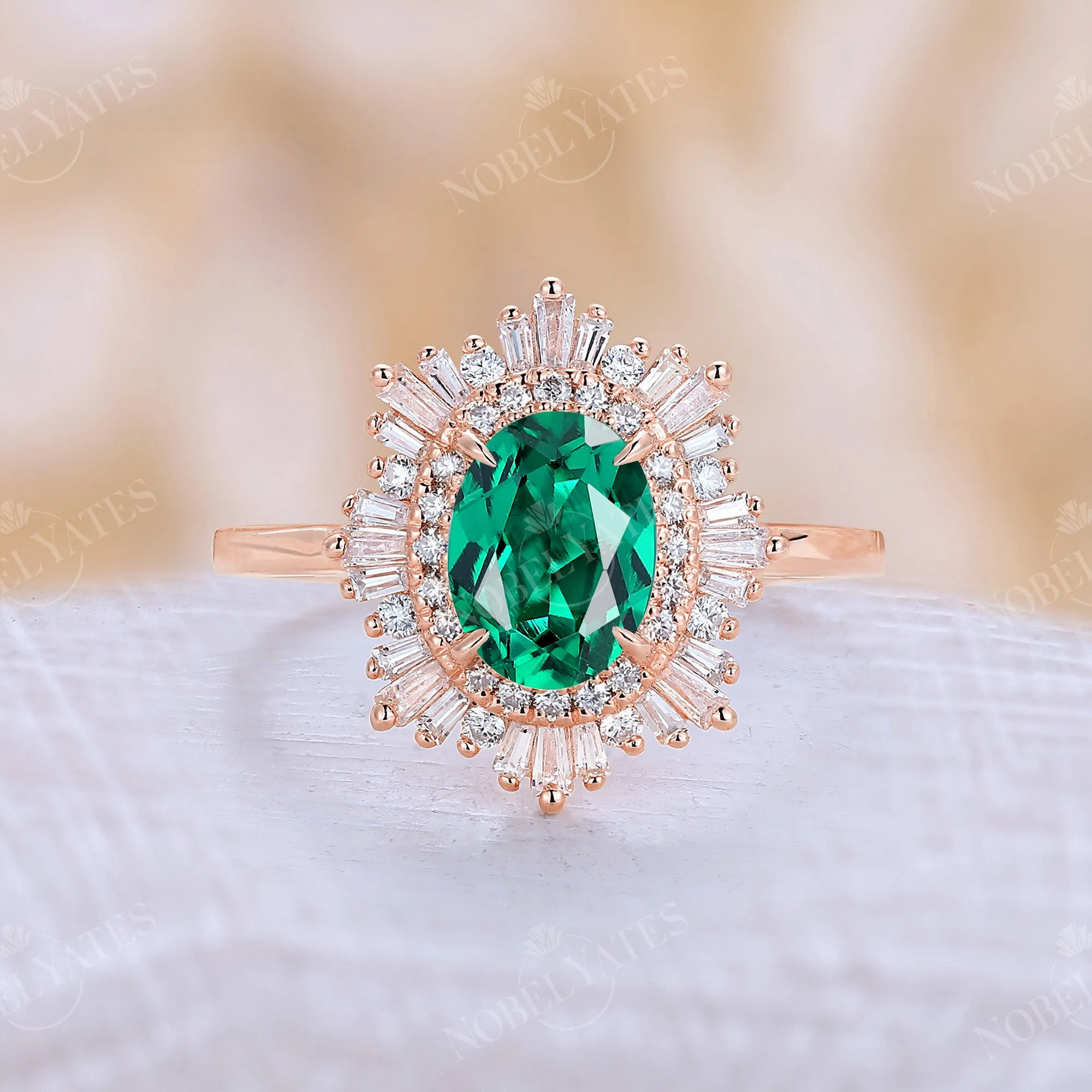 Art deco Oval Lab Green Sapphire Halo Starburst Engagement Ring Rose Gold