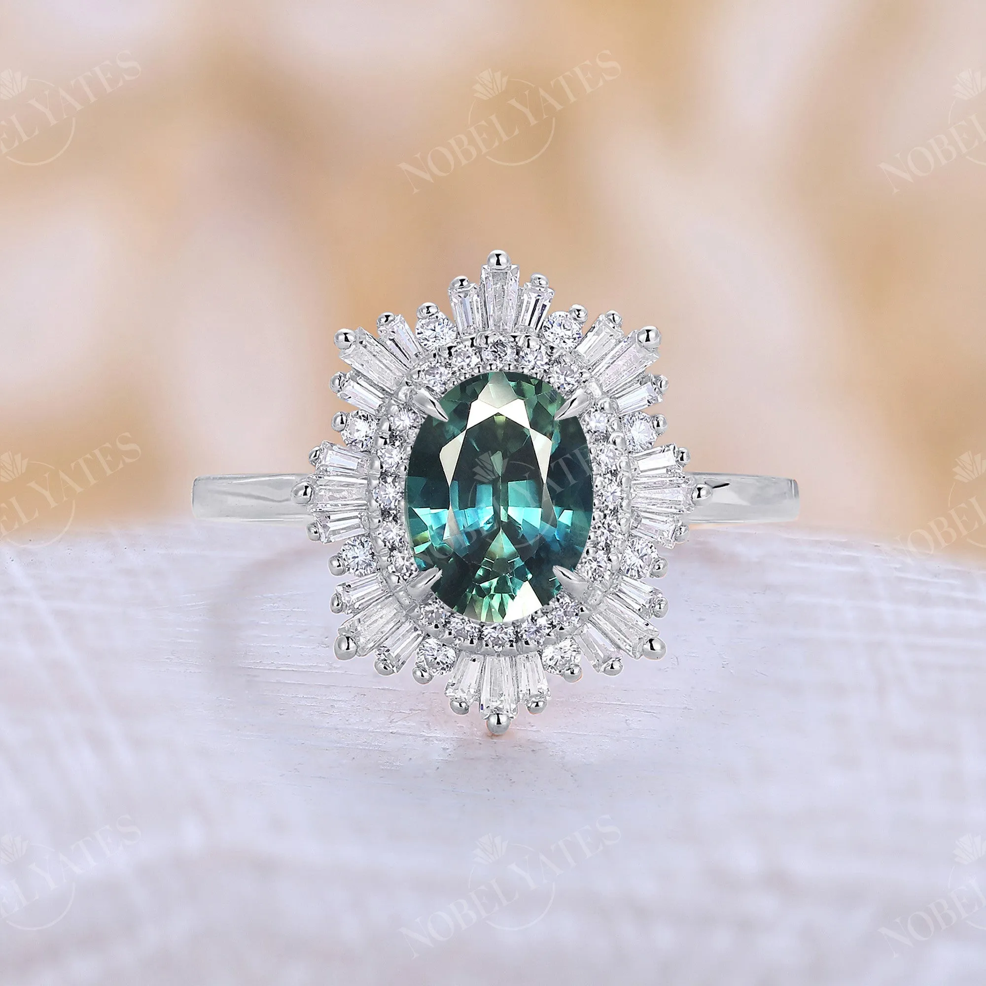 Art deco Oval Lab Green Sapphire Halo Starburst Engagement Ring Rose Gold