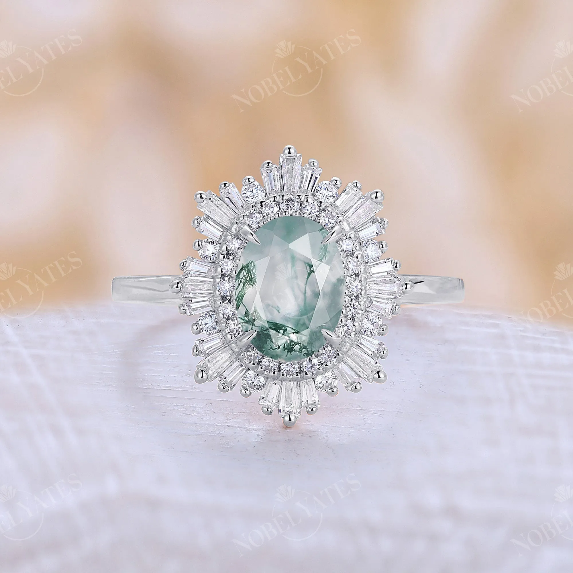 Art deco Oval Lab Green Sapphire Halo Starburst Engagement Ring Rose Gold