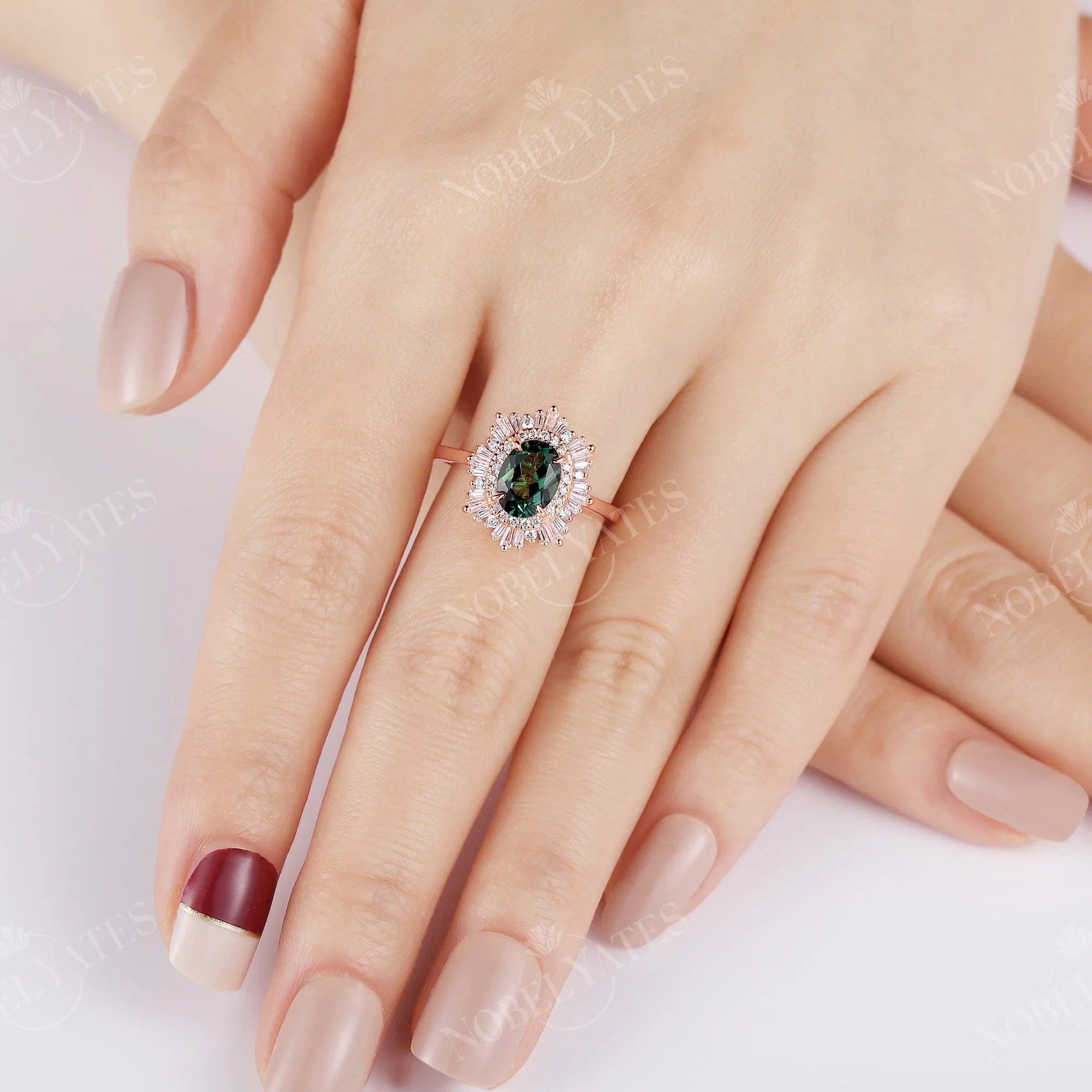 Art deco Oval Lab Green Sapphire Halo Starburst Engagement Ring Rose Gold