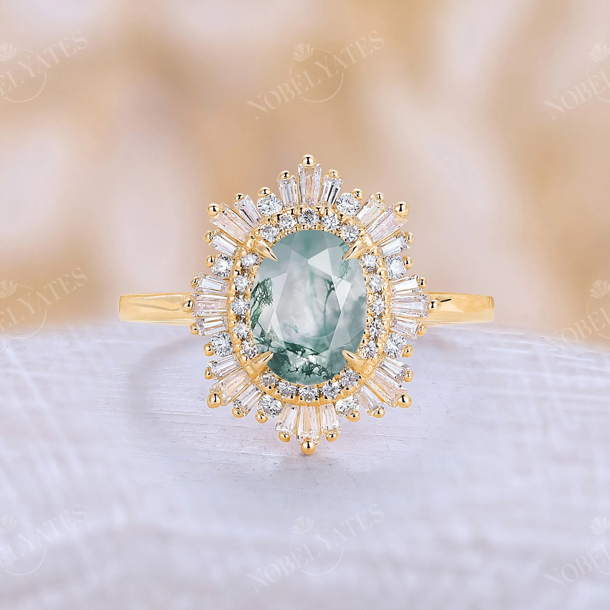 Art deco Oval Lab Green Sapphire Halo Starburst Engagement Ring Rose Gold