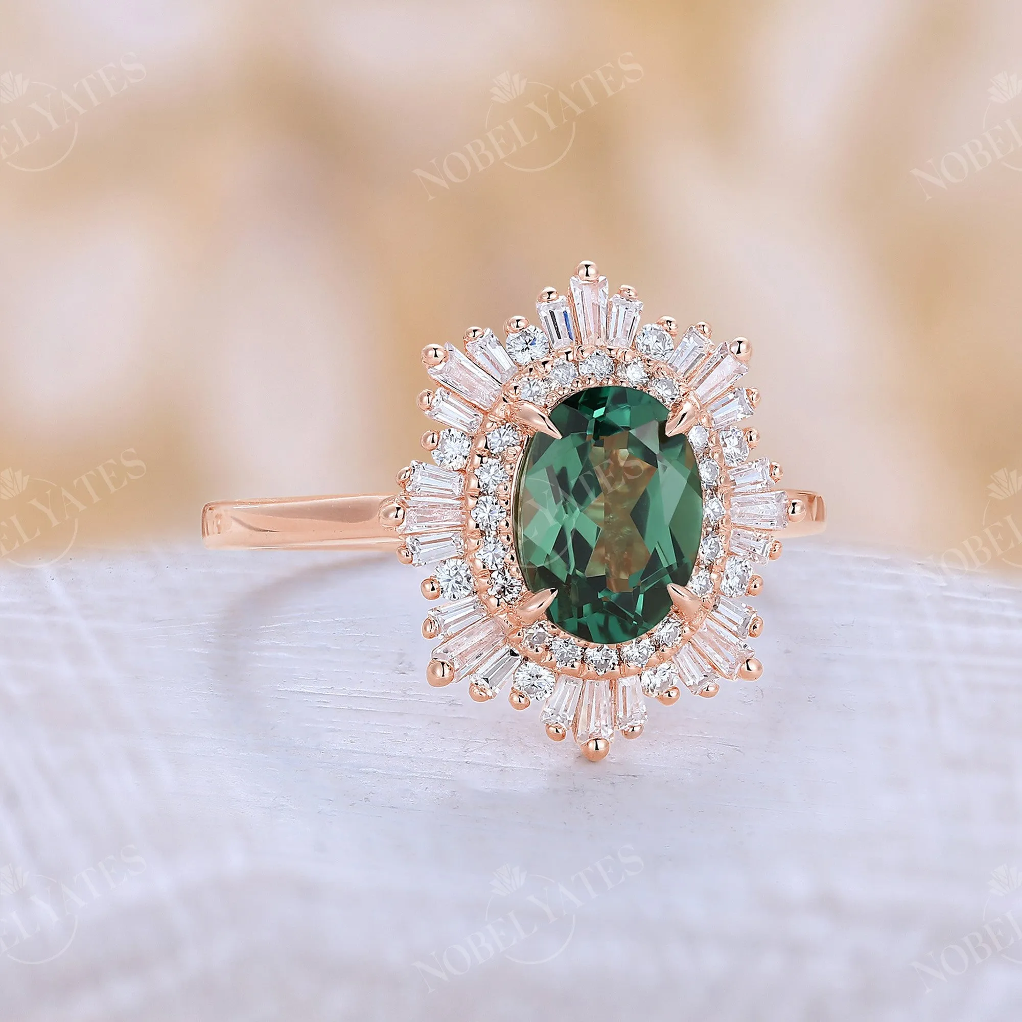 Art deco Oval Lab Green Sapphire Halo Starburst Engagement Ring Rose Gold