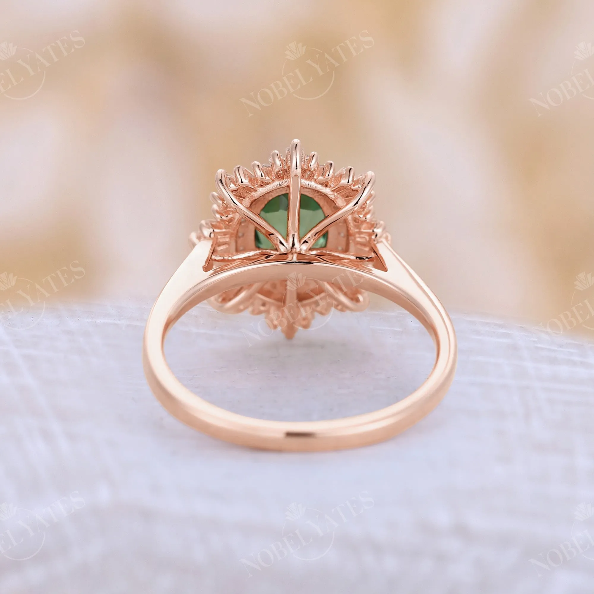 Art deco Oval Lab Green Sapphire Halo Starburst Engagement Ring Rose Gold